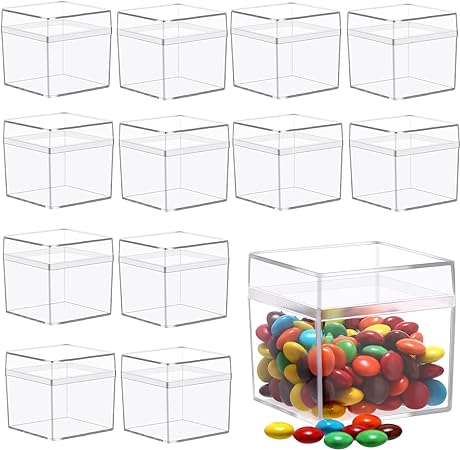Leinuosen 50 Pcs 2 x 2 x 2 Inch Plastic Clear Box with Lid Square Candy Containers for Party Favors Small Plastic Square Cube Storage Candy Box for Candy Pill Tiny Earring Jewelry Herb Bead Gifts
