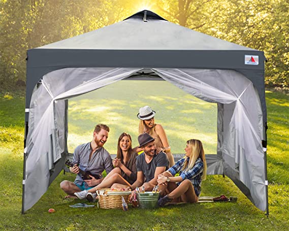 ABCCANOPY Canopy Tent Compact Outdoor Canopies 10x10 Instant Shelter Portable Canopies with Wheeled Backpack Carry Bag and Mesh Walls, Bonus Extra 4 Weight Bags, 4Ropes& 4Stakes, Gray and Dark Gray