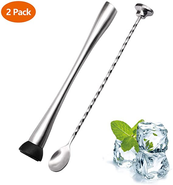 Cocktail Muddlers-Stainless Steel Drink Muddler and 11.7 Inch Mixing Spoon Professional Grade Bar Tool