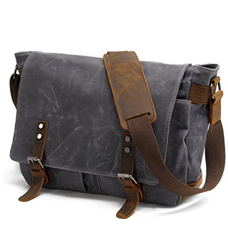 SUVOM® Mens Canvas Laptop Messenger Bag Leather Crossbody Shoulder School Satchel-14 Inch