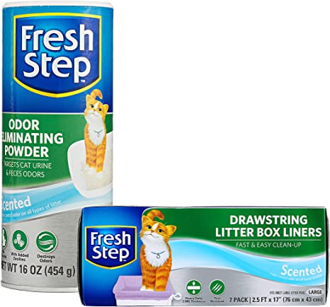 Fresh Step Cat Litter Box Odor Eliminating Powder and Liner Combo Pack | Cat Deodorizer for Litter Box Odor Eliminating Powder   Liners | Cat Products Pet Supplies