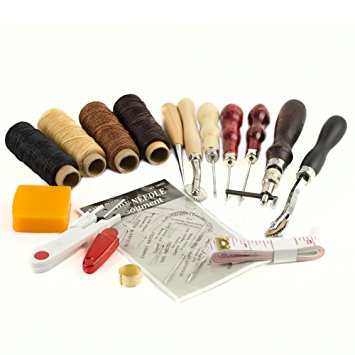 16 Pieces Leather Craft ToolxFF0C;Craft Leather DIY Hand Stitching Sewing Tool Set Including Thread Awl Waxed Thimble Kit