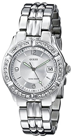 GUESS Women's G75511M Sporty Silver-Tone Stainless Steel Multi-Function Watch with Date Dial and Deployment Buckle