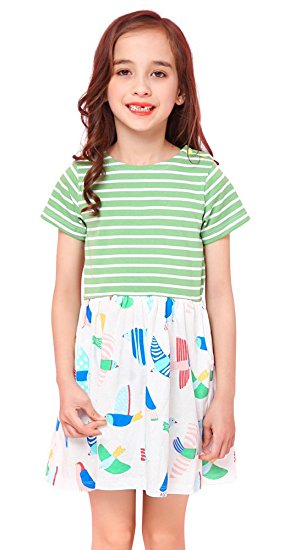 Fiream Girls Summer Cotton Striped Casual Cartoon Shortsleeve Dresses