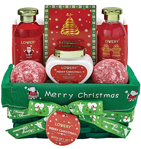 Bath and Body Christmas Gift Basket For Women – Strawberry & Sandalwood Fragrance - Holiday Home Spa Set, Includes Merry Christmas Body Lotion, 2 Oversized Bath Bombs, Bath Salt, Weaved Basket & More