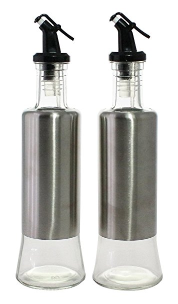 JustNile Modern Non-spill Oil and Vinegar Glass Cruet / Bottle / Dispenser with Stainless Steel Protective Layer, Set of 2, 300ml/ 10.14 oz, Black Spout Top