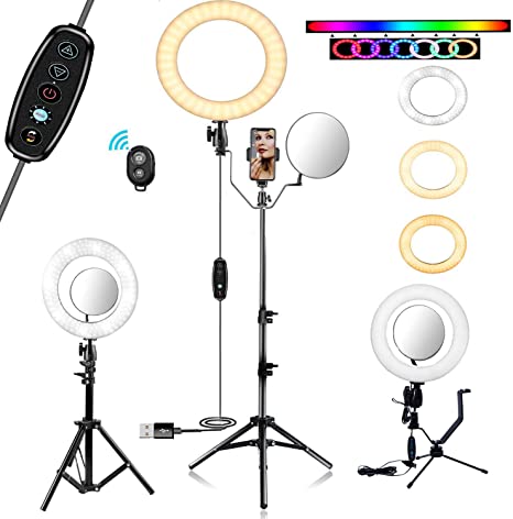 KEYUTE 10" Selfie Ring Light, Dimmable RGB LED Ring Light with Tripod Stand and Cell Phone Holder for Vlog, Desktop Beauty Make up Ring Light with Mirror for YouTube Video Live Steaming