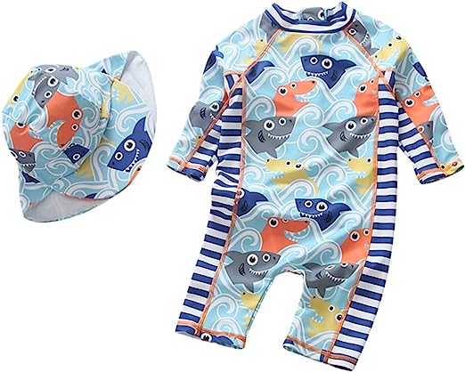 Sun Protective Baby Boys Swimsuit Toddlers One Piece Swimwear with Hat Shark Rash Guard UPF 50