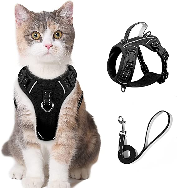 Cat Harness and Leash Set for Walking Escape Proof for Small Large cat Kitten Harness with ID tag Pocket (Black,XS)