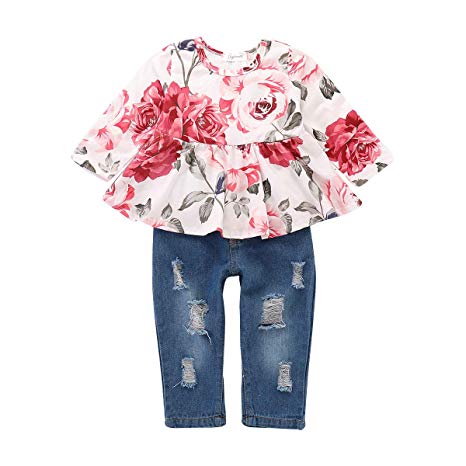 Toddler Baby Girls Clothes 2Pcs Flower Ruffle T-Shirt  Ripped Jeans Denim Pants Outfits Sets