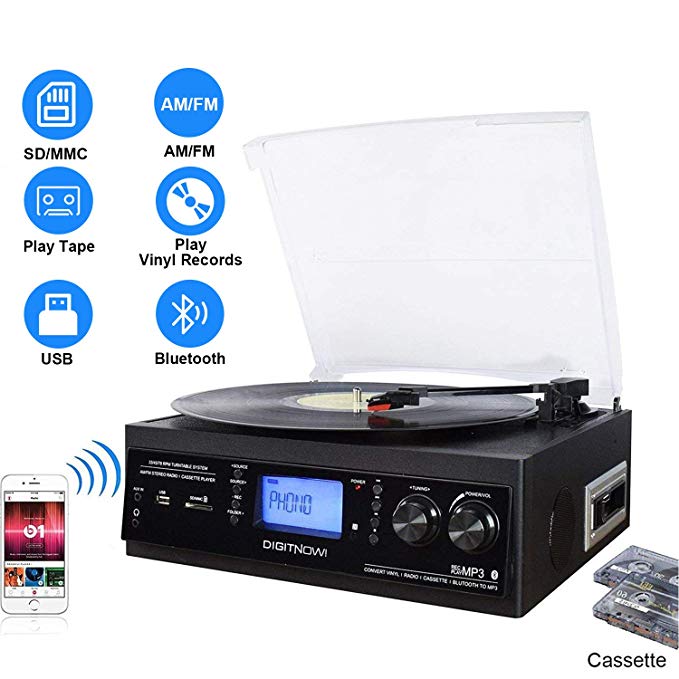 DIGITNOW! Bluetooth Record Player with Stereo Speakers, Turntable for Vinyl to MP3 with Cassette Play, AM/FM Radio, Remote Control, USB/SD Encoding,3.5mm Music Output Jack