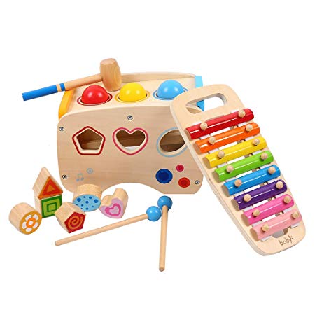 Joyshare 3 in 1 Pounding Bench Xylophone and Shape Toys - Educational Matching Blocks multifunctionla Early Educational Set Bepresent for Age 1 2 3 Years Old and Up Kid Children Baby Toddler Boy Girl