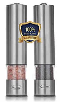 Electric Lerutti Salt and Pepper Grinder Set | Battery Operated Stainless Steel Grinders (Pack of 2) | Automatic Mills with LED Light and Caps at Bottom | Electronic Adjustable Shakers