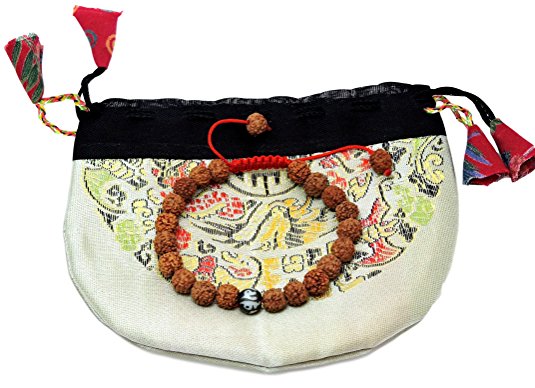 Tibetan Mala Rudraksha Seed Wrist Mala Bracelet with Carved Om Mani Conch Shell Spacer Free Silk Pouch