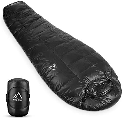 Terra Hiker Down Sleeping Bag, Outdoor Mummy Bag for Backpacking and Mountaineering with Ultra-Light Duck Down Filling, Max User Height 6'3" (190 cm)