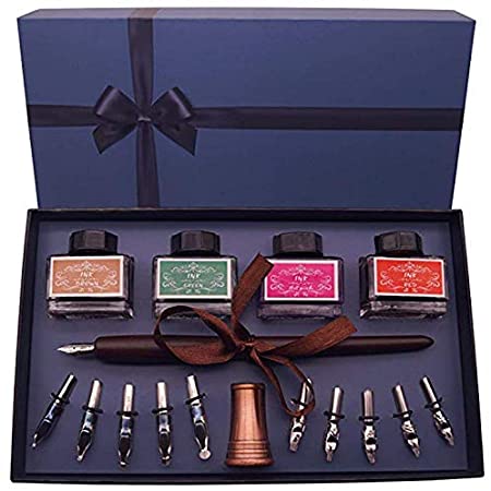 Satin Calligraphy Pen Set – Includes Wooden Dip Pen, Antique Brass Holder, 11 Nibs, 4 Ink Bottle