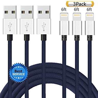 iPhone Cable SGIN, 3Pack 6FT Nylon Braided Cord Lightning Cable Certified to USB Charging Charger for iPhone 7,7 Plus,6S,6s Plus,6,6plus,SE,5S,5,iPad,iPod Nano 7 - Blue