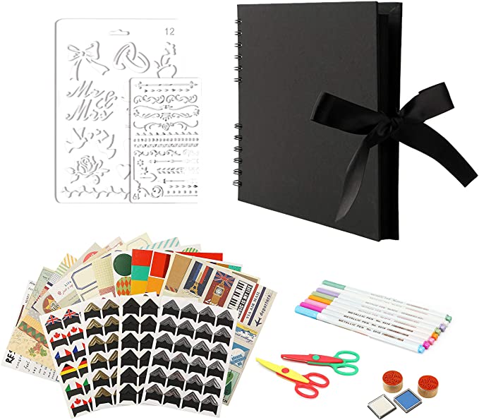 Scrapbook Photo Album DIY Kit, Baby First,Wedding Guest Book,Anniversary Scrapbook, School Memory Book, Keepsake Handmade,with Many Accessories, Black Paper 80 Pages