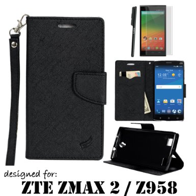 ZTE ZMAX 2 Case LUXCA ZTE ZMAX 2 Wallet Case Luxury PU Leather Flip Case Cover with Card Slots Kick Stand Sling Hanger For ZTE ZMAX 2 Black