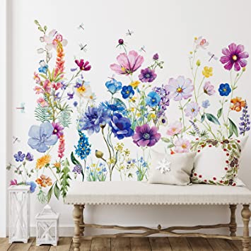 6 Pieces Flowers Wall Decals Vinyl Flowers Wall Stickers Colorful Garden Bouquet Wall Decor for Bedroom Living Room Nursery