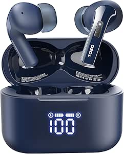 TOZO T20 Wireless Earbuds Bluetooth Headphones 48.5 Hrs Playtime, IPX8 Waterproof, Dual Mic Call Noise Cancelling with Wireless Charging Case Blue