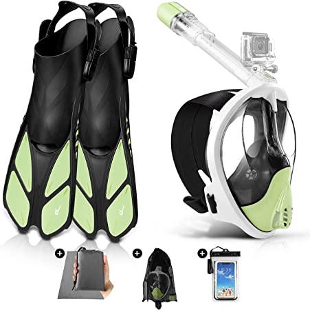 Odoland 5-in-1 Snorkeling Packages, Full Face Snorkel Mask with Adjustable Swim Fins and Lightweight Backpack and Waterproof Case