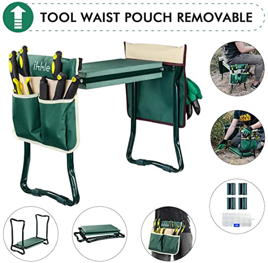 Garden Kneeler and Seat with 2 Bonus Tool Pouches - Adjustable Belt Tool Pounch - Portable Garden Bench EVA Foam Pad with Kneeling Pad - Sturdy, Lightweight and Practical - Protect Knees and Clothes