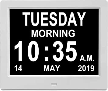 KINOEE [Newest Digital Calendar Day Clock,12 Options Alarm Clock - Memory Loss Day Clock - with Large Clear Digits Display, Alarm Clock With HD Digital Photo Frame (7" White)