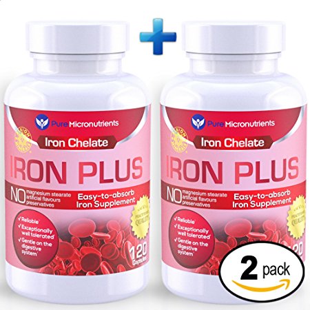 Pure Micronutrients Iron Plus Supplement, Natural Ferrous Chelate, Bisglycinate 25mg   Vitamin C, B6, B12, Folic Acid, 120 Count (2-Pack)