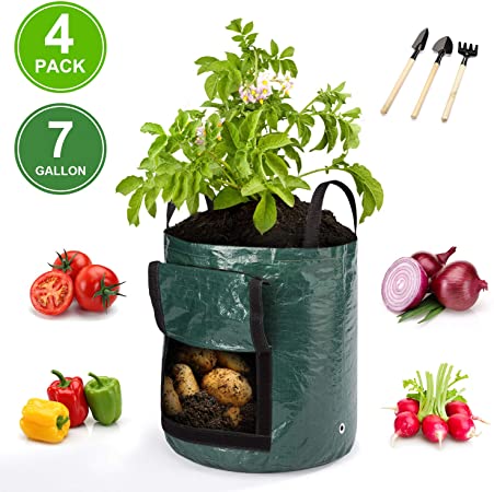 WOHOUS 4 Pack 7 Gallon Potato Grow Bags, Heavy Duty Thickened Vegetable Grow Pots with 3 Tools, Two-Sides Velcro Window Garden Grow Bags for Tomato,Carrot,Onion,Fruits Vegetable Planter