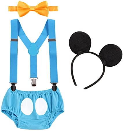 First Birthday Party Cake Smash Baby Boy Suspender Pants Bowtie Headband Outfit Briefs & Blue 12-18M