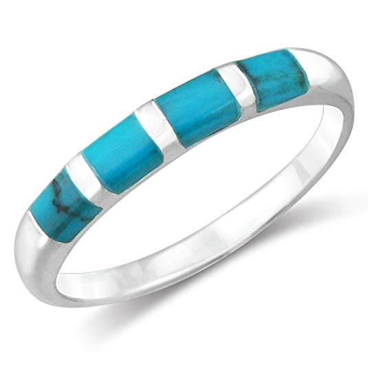 925 Sterling Silver Simulated Turquoise Channel Wedding Band Ring