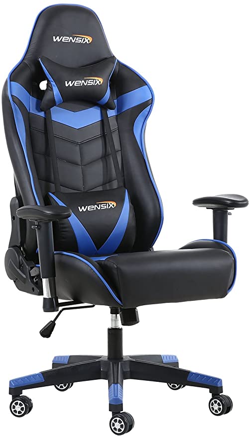 Wensix Gaming Chair High-Back Racing Style Video Game Chair Executive Ergonomic Office Desk Chair PU Leather Swivel Chair Tilt E-Sports Gamer Chair with Headrest and Lumbar Support (blue4)