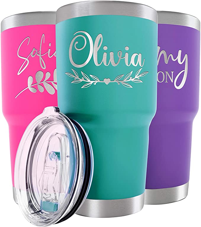 Personalized Tumblers w/ Splash Proof Lid - 30 oz, Teal - 18 Designs - Vacuum Insulated Travel Coffee Mugs - Stainless Steel Double Wall Thermos - Personalized Cups, Hot and Cold Drink Use