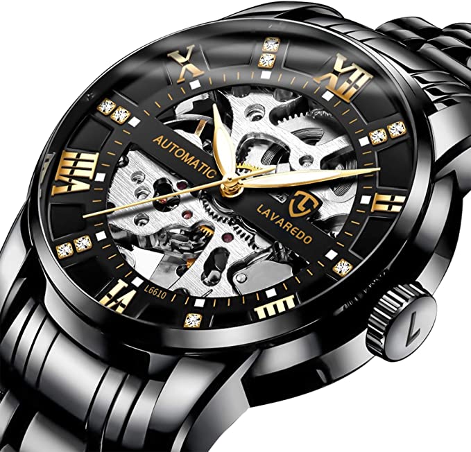 Men’s Watch Mechanical Stainless Steel Skeleton Waterproof Automatic Self-Winding Rome Number Diamond Dial Wrist Watch