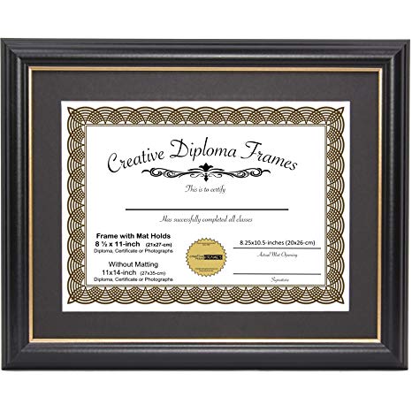 CreativePF [11x14bk.gd] Black Frame with Gold Rim, Black Matting Holds 8.5 by 11-inch Diploma with Easel and installed Hangers