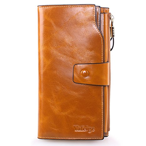 Yafeige Women's Large Capacity Oil wax cowhide Leather Purse Genuine Leather Wallet With Zipper Pocket