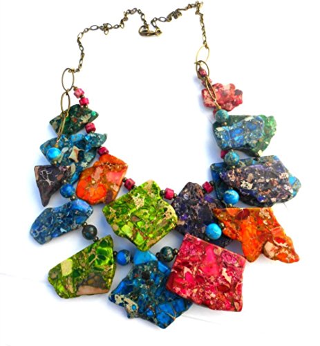 Chunky gemstone necklace. Jasper stone and bronze metal. Bohemian, boho, handmade jewelry, jewellery. Fashion, accessories.