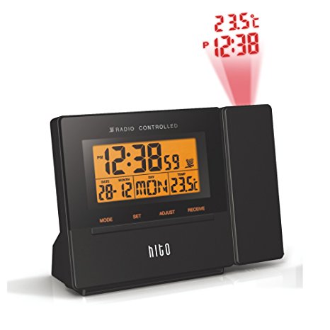 HITO Atomic Radio Controlled Projection Alarm Clock w/ Date, Temperature, Week, Alarm Status, Backlight -mains powered/ battery operated