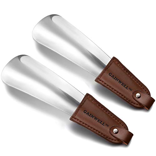 SHOE HORN - Stainless Steel Shoe Horn with Leather Strap - Suitable for All Size Feet - Easy to Use, Perfect for Travelling - Classic Gentleman's Accessory GAINWELL