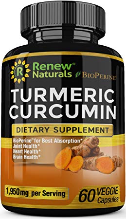Turmeric Curcumin Supplement Capsules with Bioperine 1950 mg Serving Supports Joint Health Pain Relief Anti Inflammatory Antioxidant All Natural Non-GMO 60 Capsules 100% Money Back Guarantee!