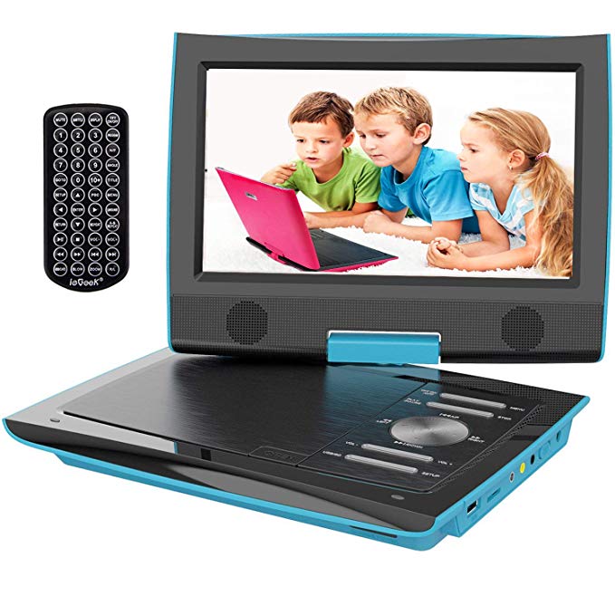 ieGeek Region Free 11" Portable DVD Player, 9" Brightness Swivel Screen,5 Hours Rechargeable Battery, Remote Control,2 Earphone Jack, SD/MMC USB Reader, AV Output, Blue