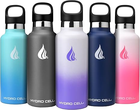 HYDRO CELL Stainless Steel Water Bottle with Straw & 2 Standard Mouth Lids (32oz 24oz 20oz 16oz) Keeps Liquids Hot or Cold w/Double Wall Vacuum Insulated Leak Proof Sport Design (Lavender/White 20oz)