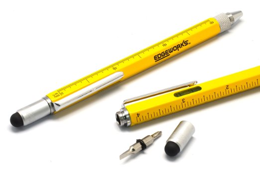 EdgeWorks Pen Screwdriver Tool is a Multitool with a Tablet Stylus for tablet or phone, Pen, Screwdrivers, Bubble Level, Ruler, All in a Lightweight Durable Bright Yellow Aluminium Housing.