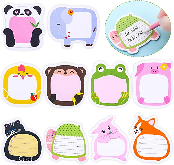 30 Pieces Cartoon Animal Sticky Adhesive Notes Colorful Animal Memo Notes Cute Sticky Pad Self Stick Animal Notepad Page Markers for Office School and Home, 10 Styles