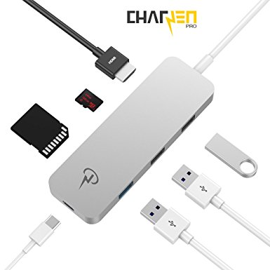 CERTIFIED CharJenPro USB-C 3.1 HUB/ADAPTER : HDMI 4K, 3 USB 3.0 Ports, SD   MicroSD Card Reader, Type-C port, All Aluminum-body for the 2016 MacBook Pro touchbar   other type-c laptops (Silver)