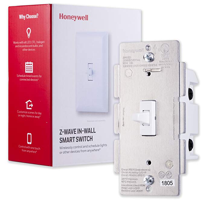 Honeywell Z-Wave Plus On/Off Smart Light Switch, In-Wall Toggle |Built-In Repeater  Range Extender | Requires Neutral Wire | ZWave Hub Required - SmartThings, Wink, Alexa Compatible, 39354