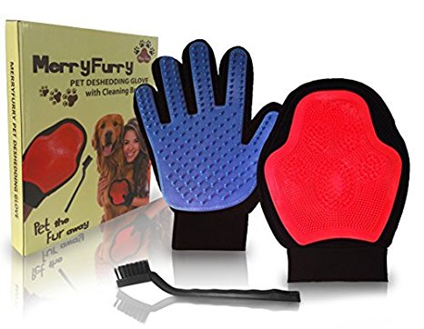 Grooming Glove Pet Hair Fur Remover Deshedding Mitt Tool Best for Dog, Cats Furnitures Clothes with Cleaning Brush by MerryFurry