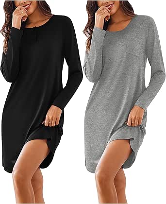 Ekouaer Women's 2 Pack Sleepshirt Dress Comfortable Nightshirt Nightgown Long Sleeve Button Down Sleepwear