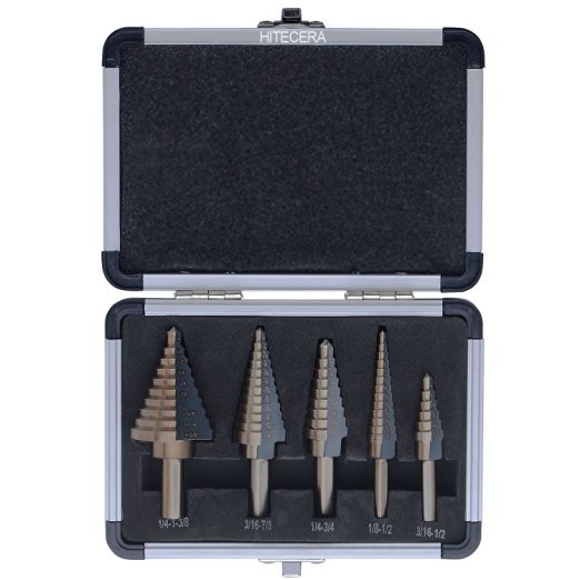 Hitecera 5-Piece 10197A Metric Step Drill Set HSS Cobalt Multiple Hole 50 Sizes 1/4-Inch and 3/8-Inch Shanks, SAE, w/Aluminum Case